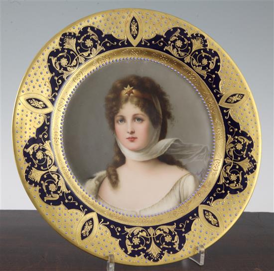A Vienna style Princess Louise portrait cabinet plate, painted by Wagner, c.1910, 26cm